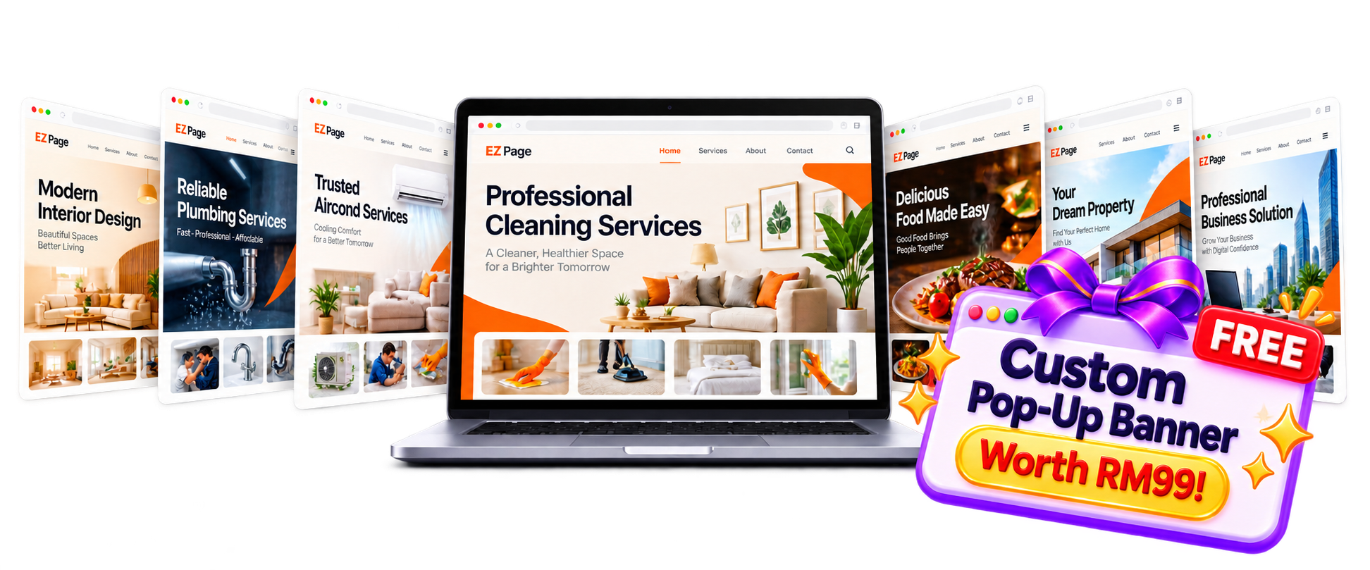 Website examples with a free custom pop-up banner worth RM99