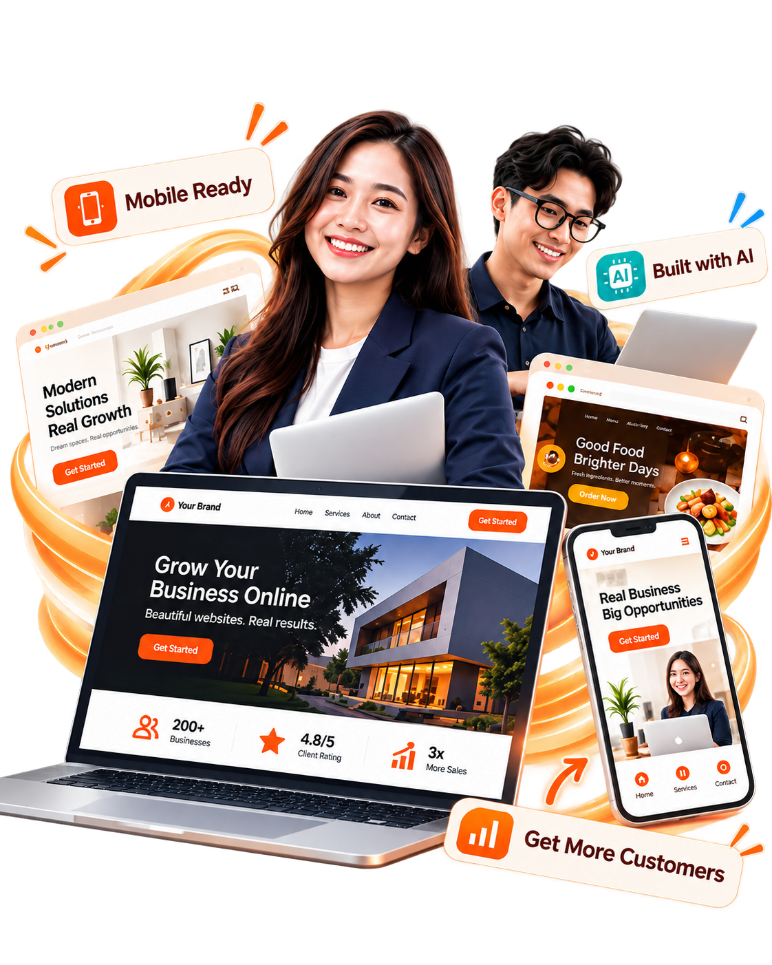 Business team with laptop and mobile website previews