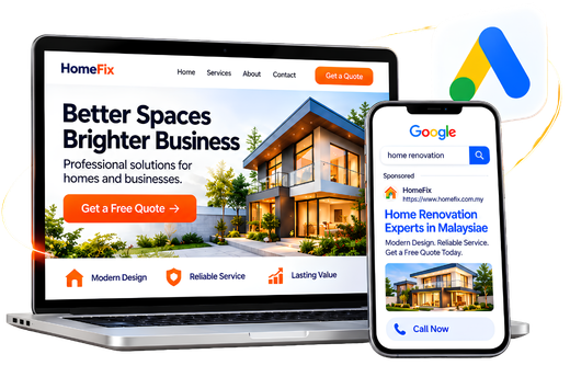 Website and Google Ads package displayed on laptop and mobile phone