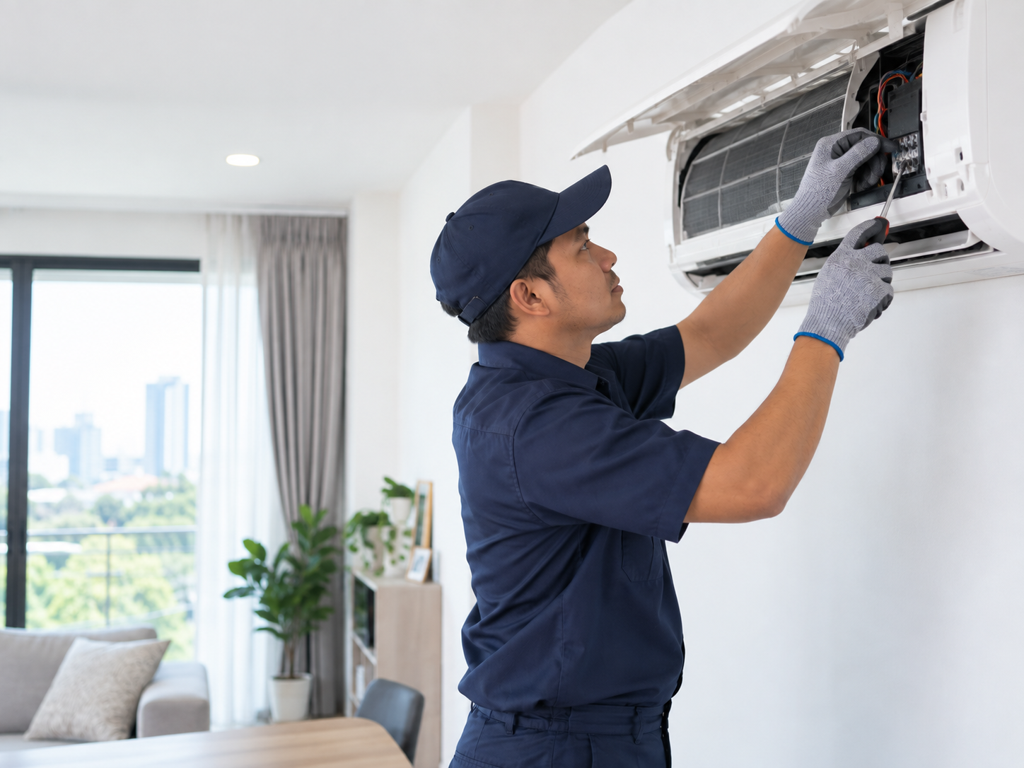 Professional technician servicing an air conditioner