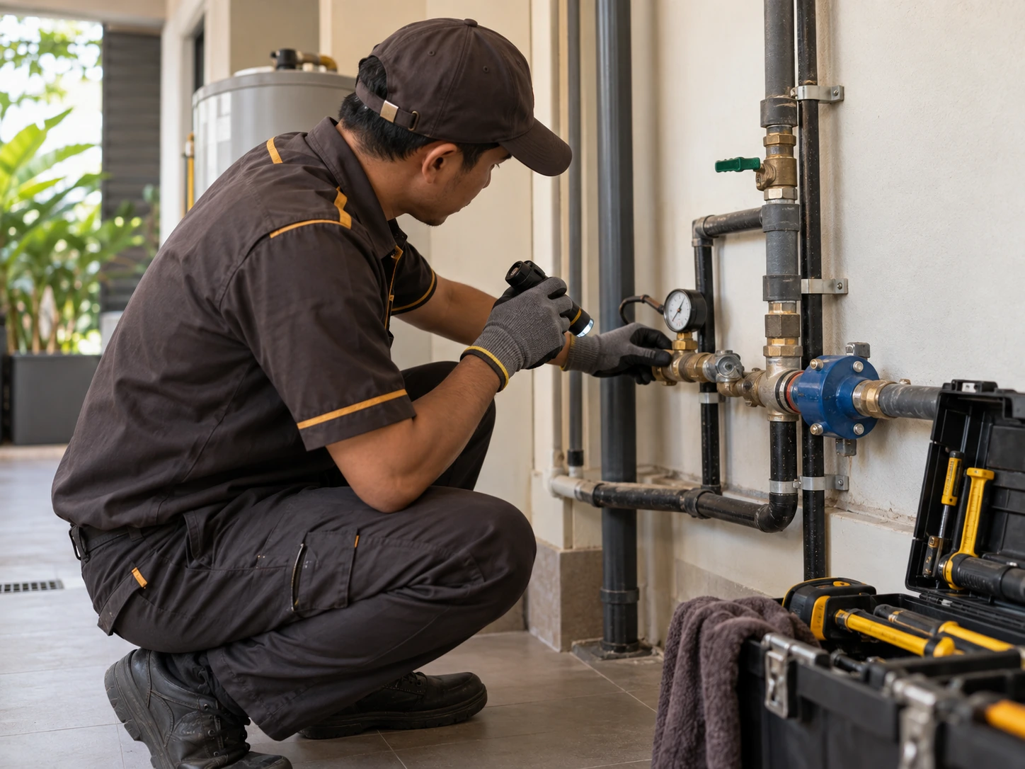 Professional Smart Pipe plumber carrying out a careful inspection