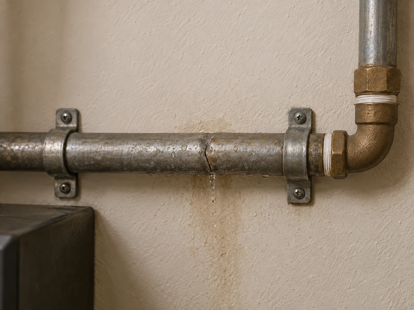 A cracked pipe leaking water and affecting the surrounding area before replacement
