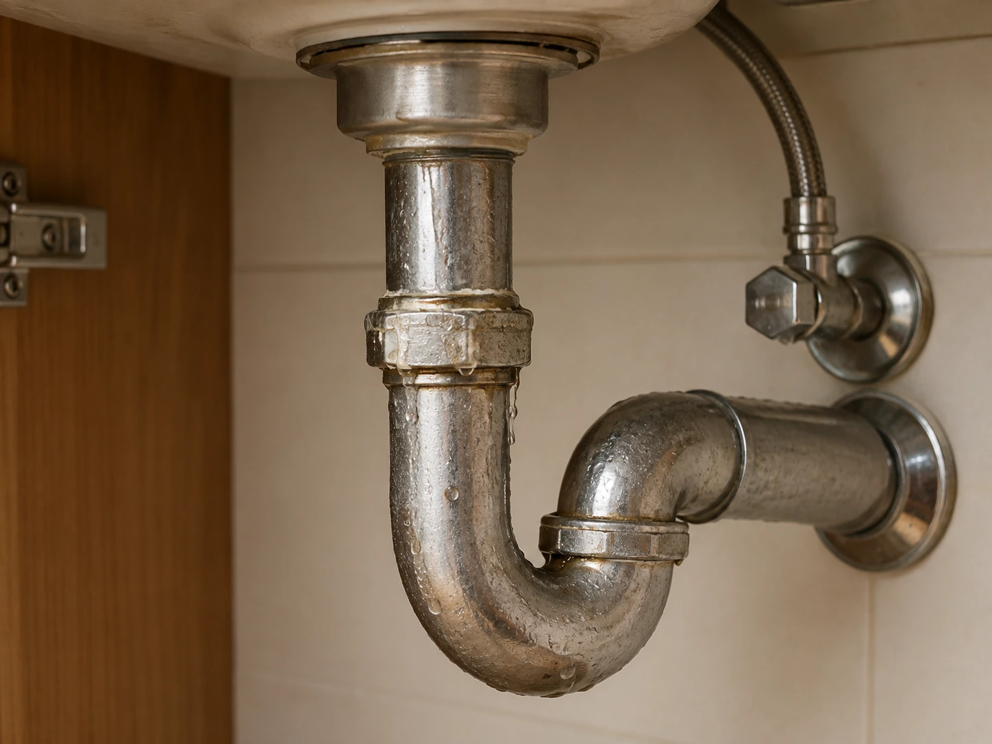 Water escaping from a worn pipe joint and leaving visible moisture nearby