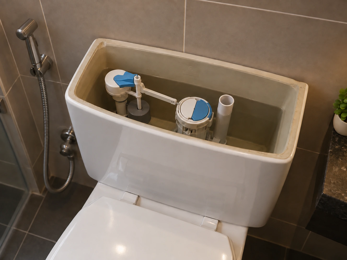 The same toilet cistern with repaired components and a normally working flush