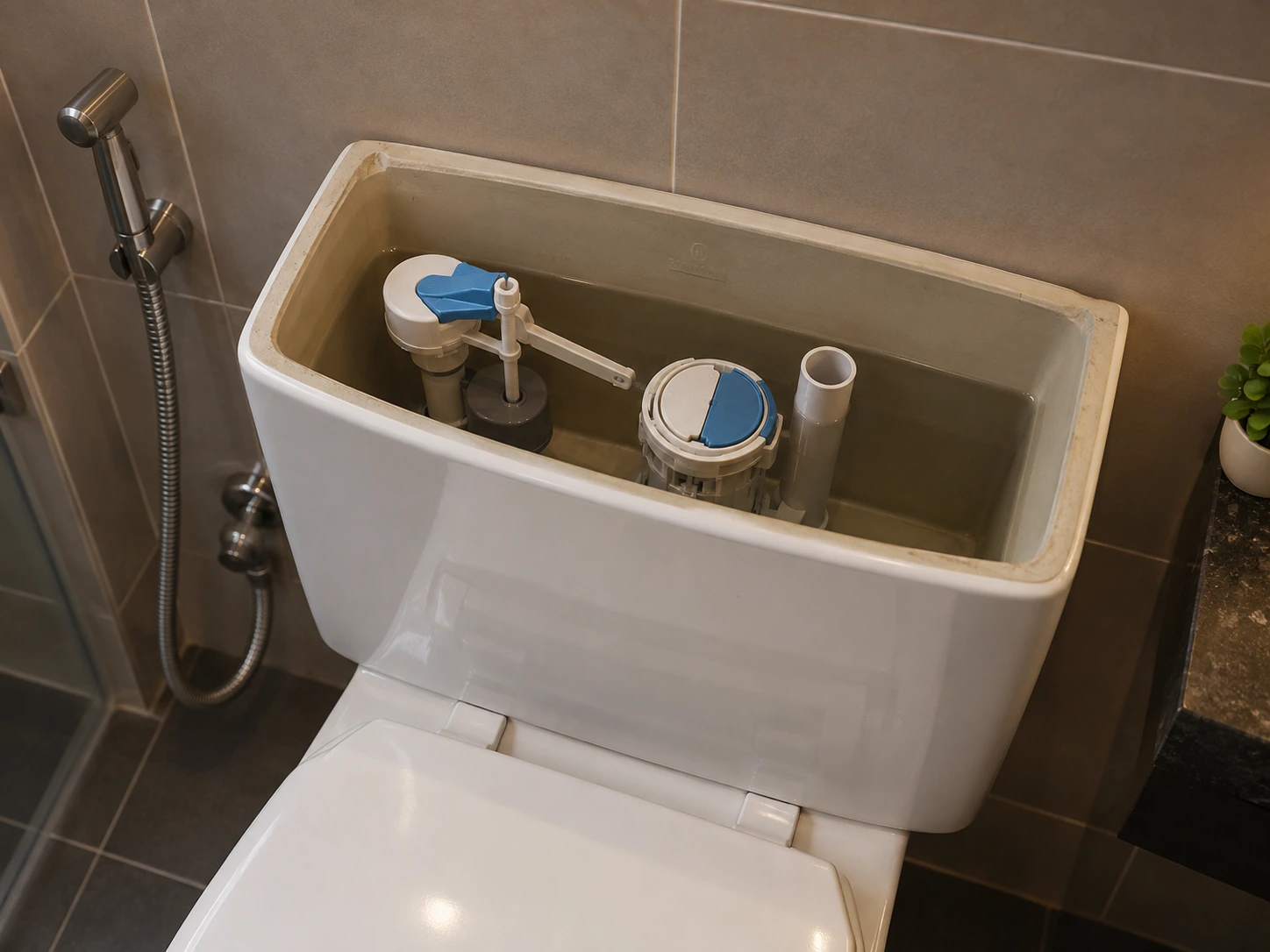 Open toilet cistern not filling correctly with a faulty flush mechanism