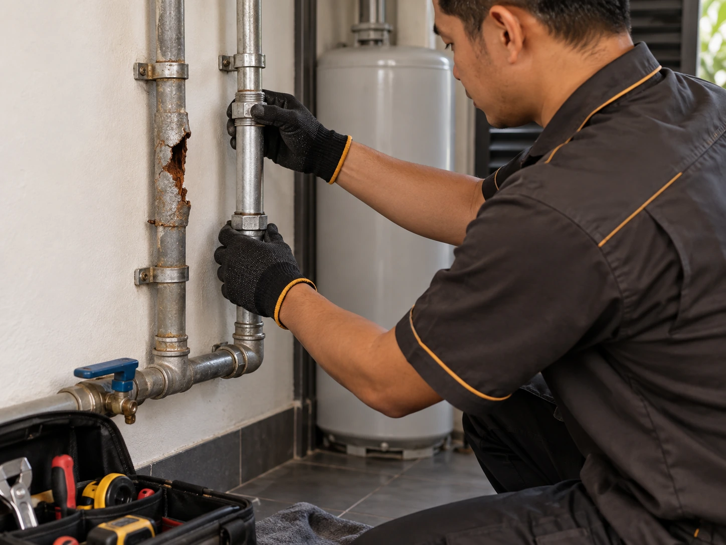 Plumber replacing a damaged pipe section with clean tools and secured fittings