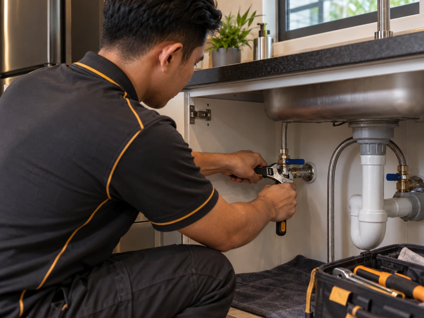 Plumber repairing a common household pipe fitting and valve