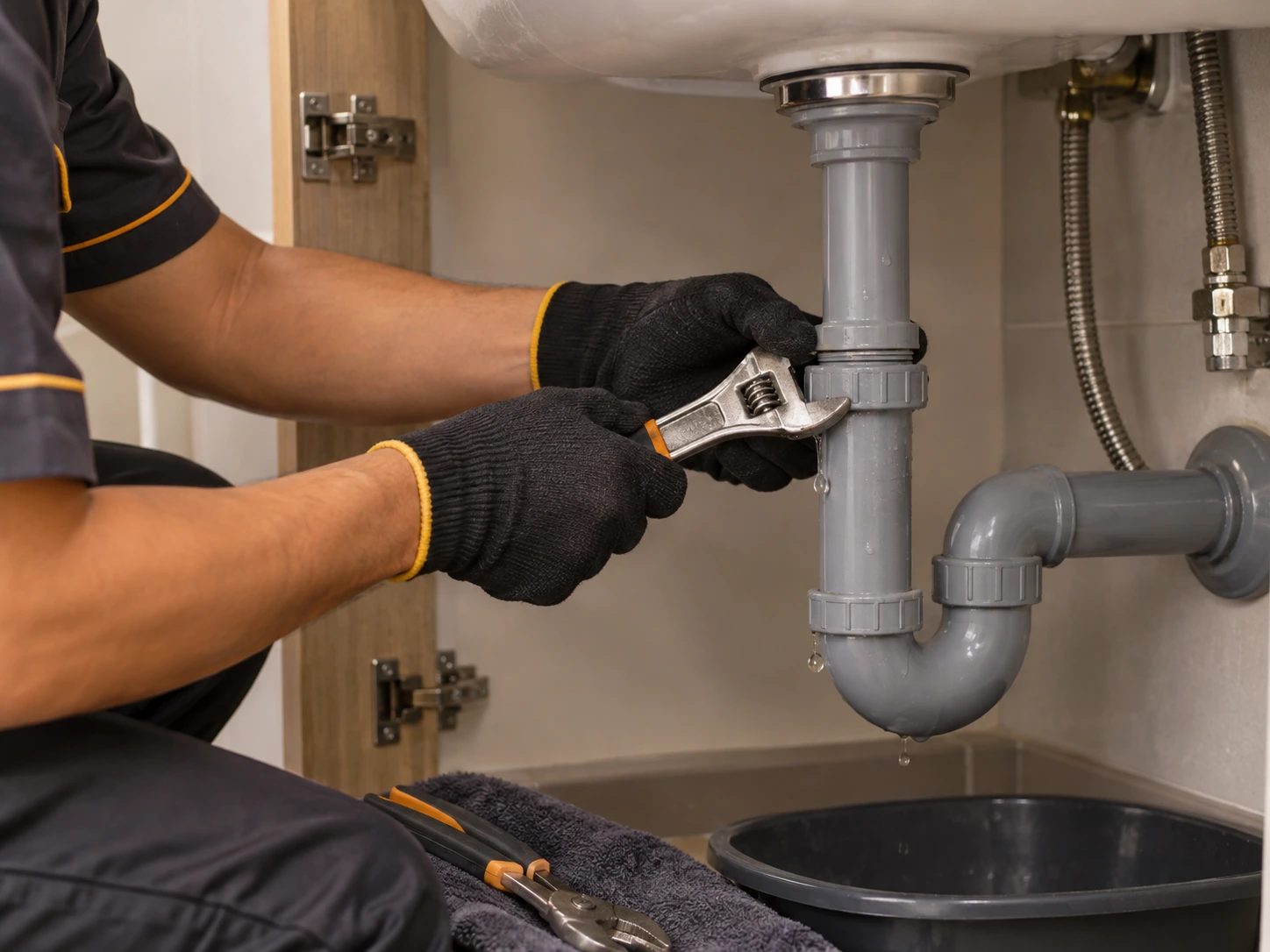 Close-up of a leaking pipe joint being inspected and repaired