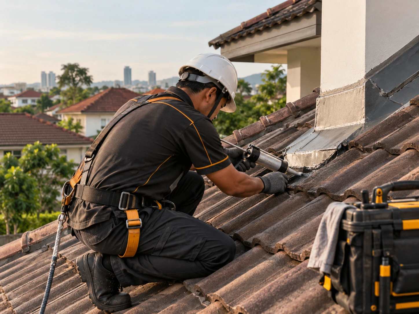 Professional safely inspecting a visible roof water-entry area