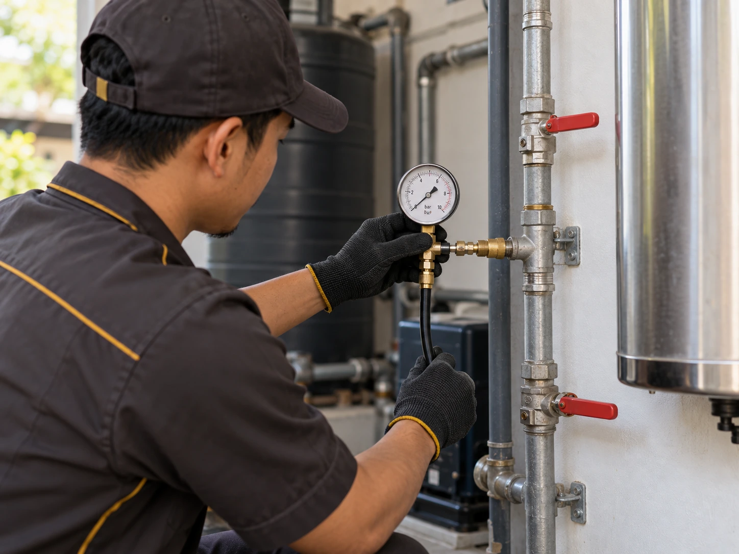 Plumber checking water pressure and a water supply connection